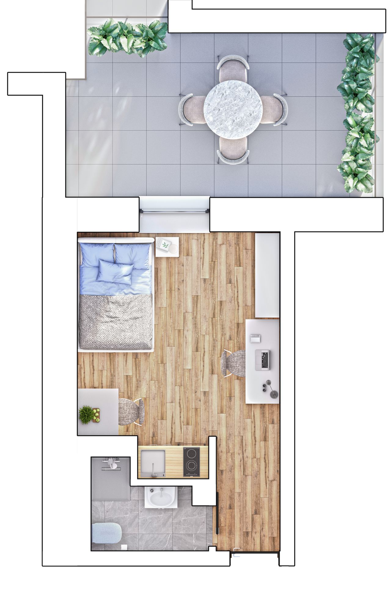 All-inclusive 1-room apartment with large balcony